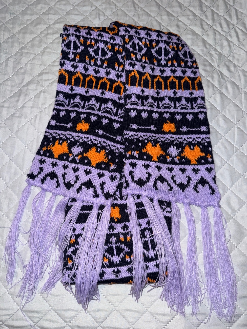 Lavender & Black Patterned Knit Fringe Scarf